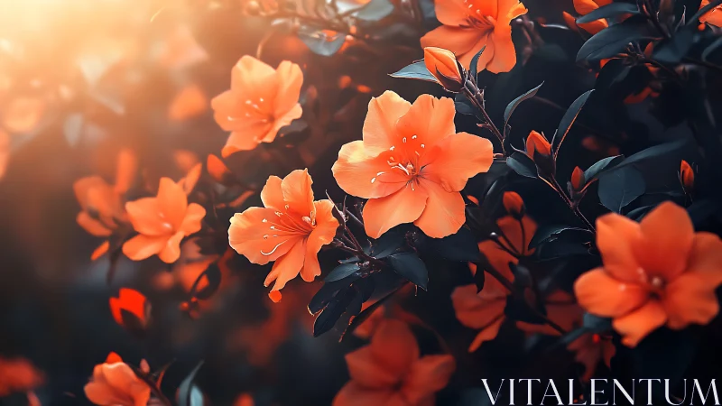 Sunlit orange blossoms in moody teal garden glow.