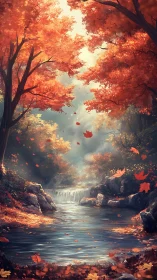 Golden autumn creek under a gentle curtain of leaves.