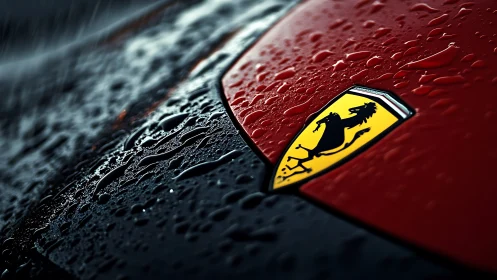 Ferrari hood emblem is shown in close-up under rainfall