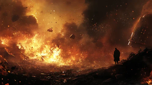 Solitary figure surveying wildfire wreckage and burning debris