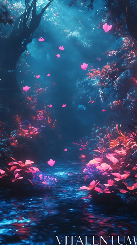 Luminescent heart-petal stream in an enchanted neon forest.