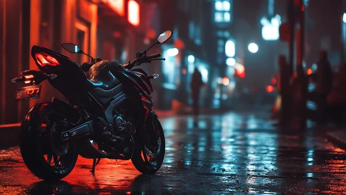 Sport motorcycle on wet neon city street at night, rear view