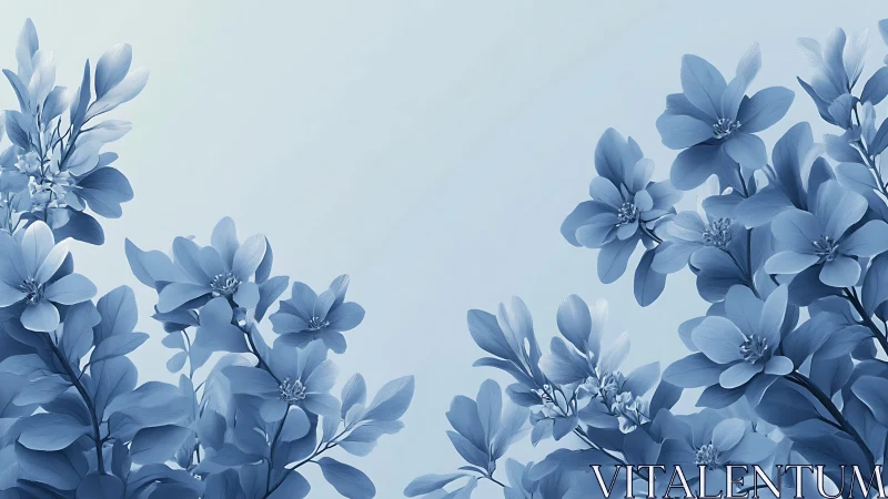 Blue Flowers Against Pale Sky Background.