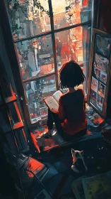 Girl reading by city window under warm sunset glow.