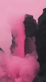 Neon pink waterfall slicing through shadowed canyon walls.