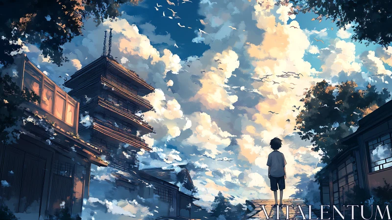 Boy observes towering clouds above tranquil temple street