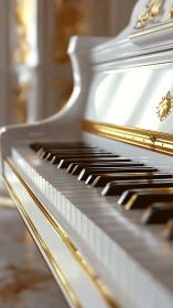 White concert grand piano with gold inlay, shallow focus rendering.