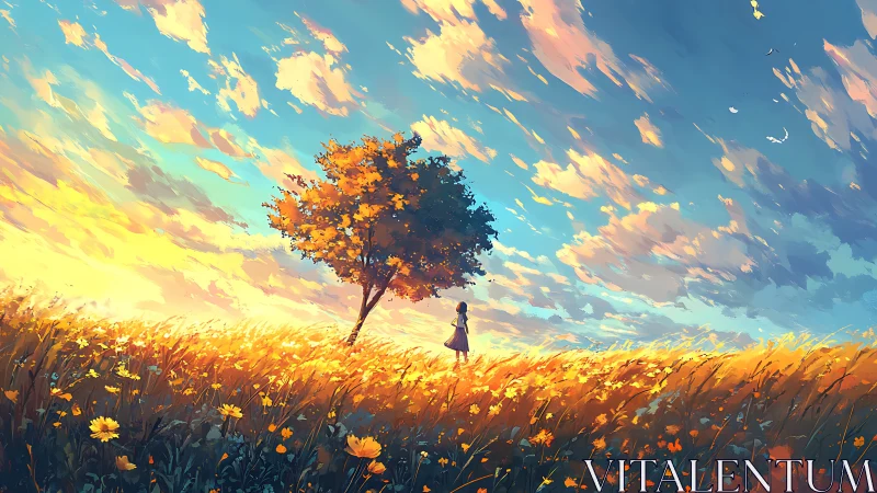 Girl beneath lone tree in glowing sunset meadowscape.