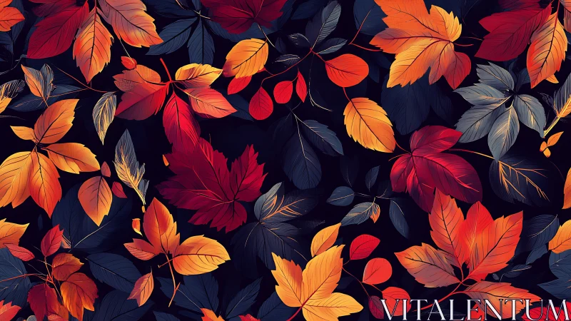 Digital autumn foliage pattern with layered botanical silhouettes.