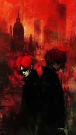 Red dystopian twins against burning futurist cityscape.