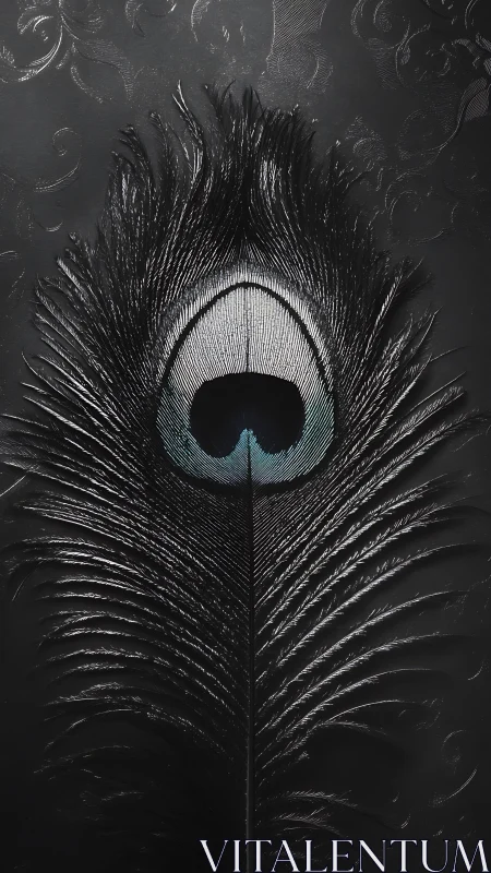 Peacock feather rests on embossed black ornamental surface