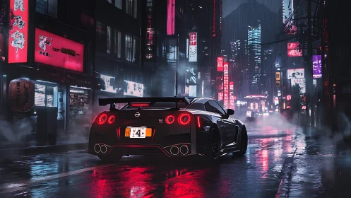 Nissan GT-R idles under neon rain in futuristic Tokyo street