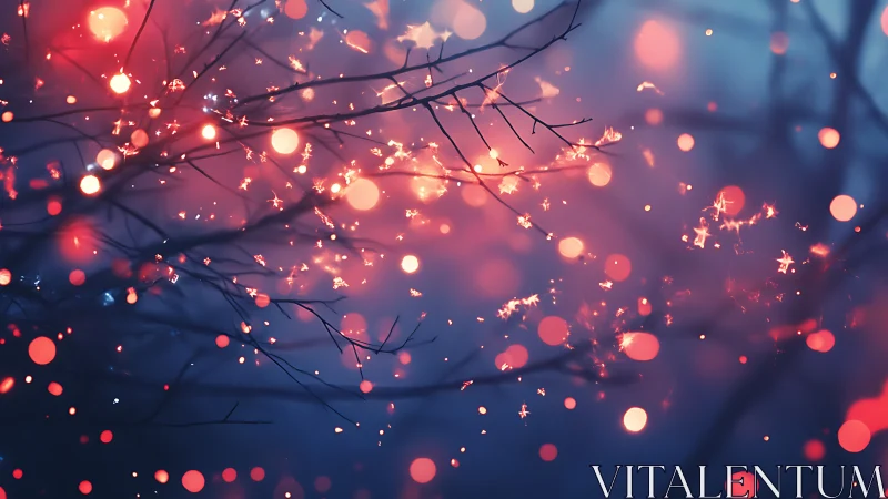 Winter branches glow under drifting crimson bokeh light.