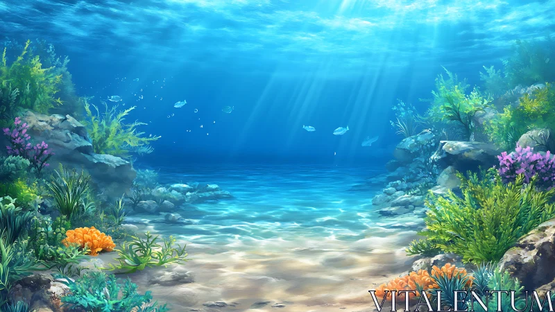 Digital painting of luminous shallow coral reef seascape.