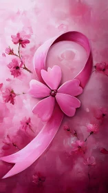 Pink ribbon with floral elements in digitally painted abstract composition.