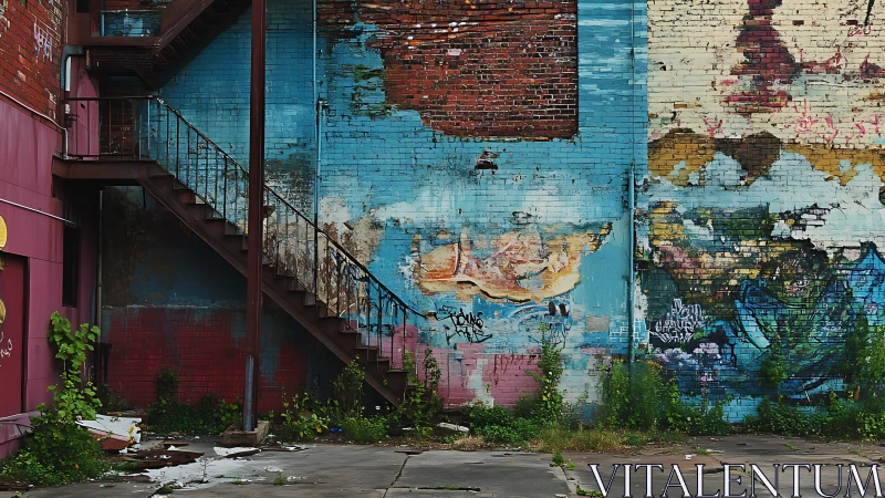 Weathered brick alley wall with peeling paint and graffiti.