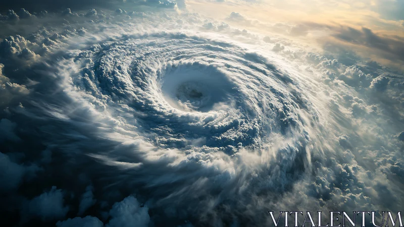 Satellite perspective of large spiral storm system in clouds.