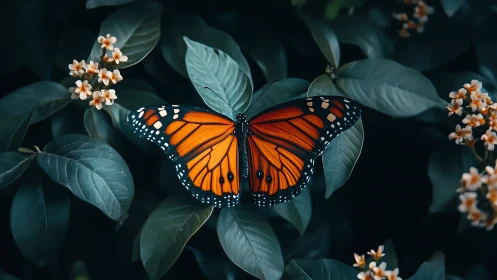 Monarch butterfly in dorsal view rests on foliage with cool-toned bokeh