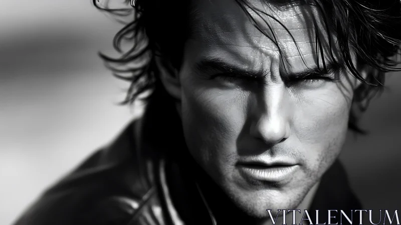 Intense black and white portrait with focused, steady gaze.