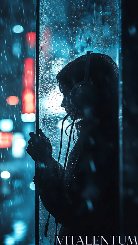 Hooded listener framed in neon rain-soaked city nightscape.