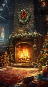 Festive fireplace interior renders warm Christmas cabin ambiance