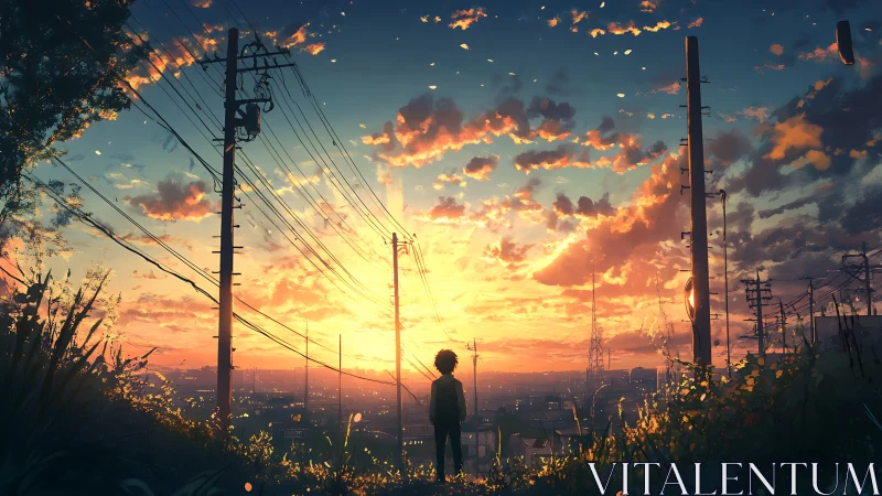 Sunset city horizon with a quiet, thoughtful young dreamer.