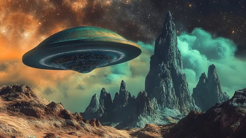 Massive alien saucer hovers above jagged extraterrestrial peaks