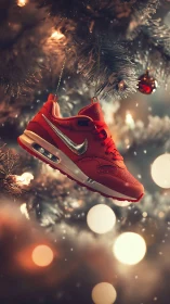 Red sneaker ornament amid glowing Christmas tree lights.