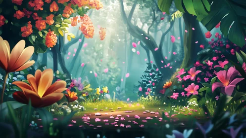 Enchanted Forest Garden Path. Blooming Flowers Glow.