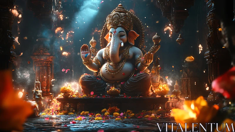 Ganesha statue glows in a mystical temple of swirling light