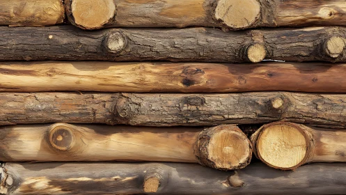 Stacked timber logs with rough bark texture closeup wall.