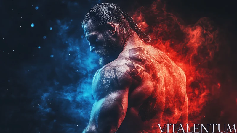 Bifurcated chromatic warrior amid volumetric fire and mist.