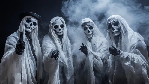 Four skeletal ghosts emerge from swirling blue stage smoke