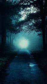 Fog-drenched forest road with luminous vanishing light source.