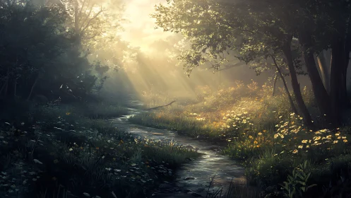 Sunlit forest stream winding through wildflower clearing.