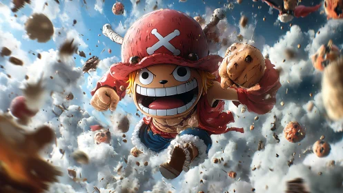 Energetic anime pirate charging through exploding skyfield.