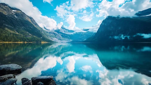 Mirror-bright fjord cradles skyblue peaks and drifting clouds.