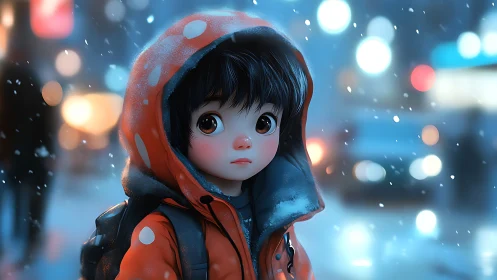 Snowlit city pauses to cradle a wide eyed wanderer