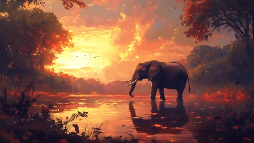 Elephant standing in shallow river at vivid sunset light.