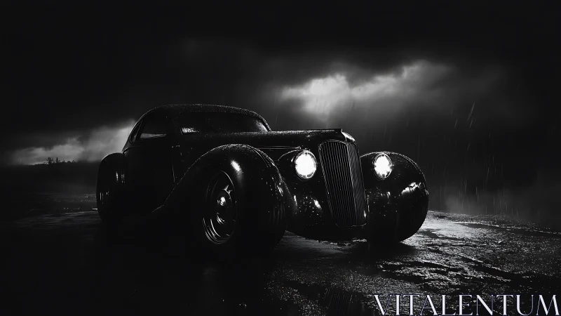 Vintage coupe headlights pierce stormy night rain-soaked road
