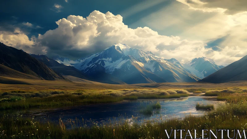 Glaciated mountain massif over irradiated alpine wetland basin.