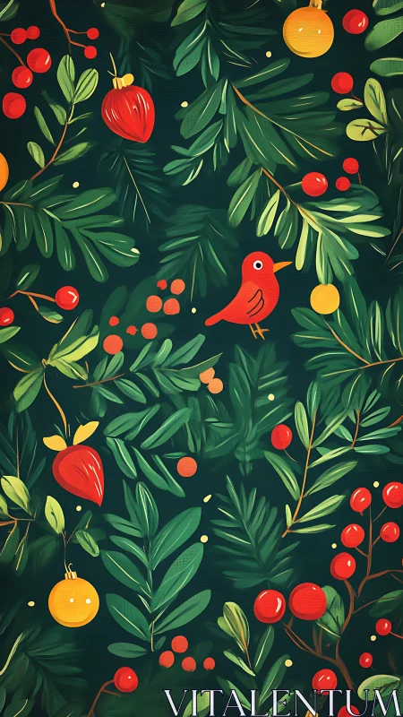 Festive red bird amid stylized evergreen foliage pattern.