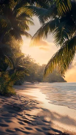 Tropical Beach Sunrise Through Palm Fronds.