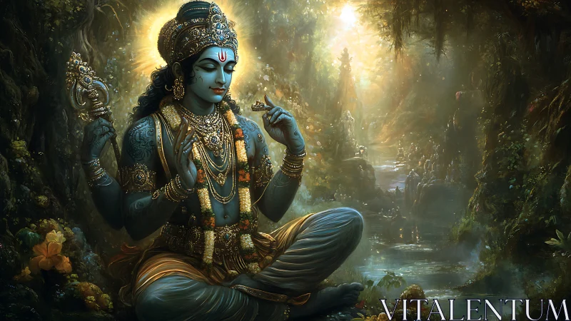 Divine blue deity meditates beside luminous forest river