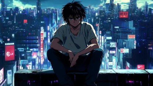 Solitary anime teen overlooks neon cyberpunk city skyline
