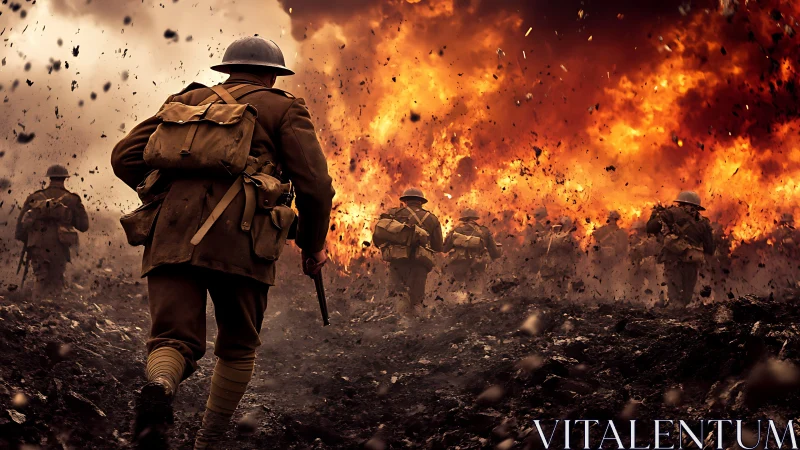 World War I infantry charge amid towering battlefield inferno.
