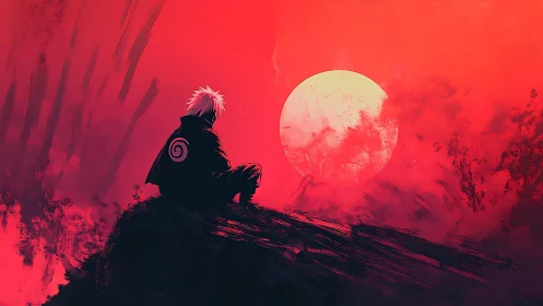 Solitary anime wanderer gazes softly toward a blazing sun