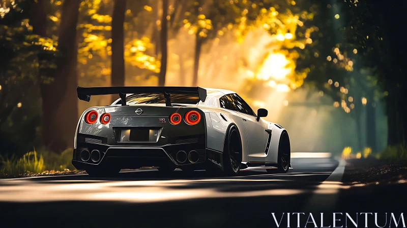 Nissan GT-R rear three-quarter in golden forest backlight