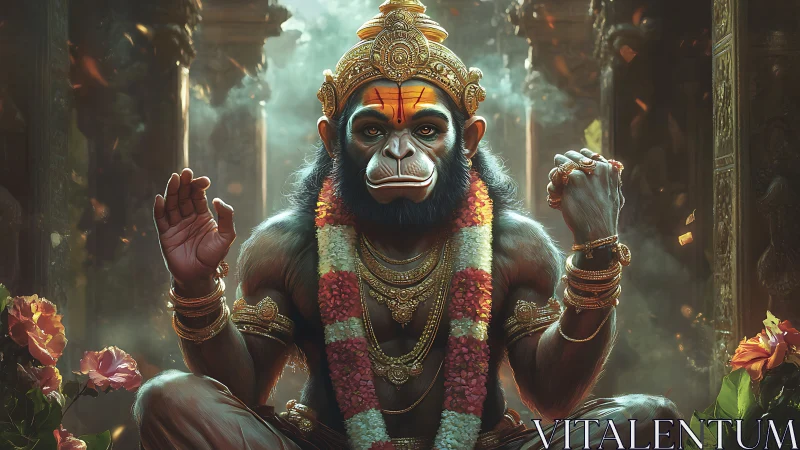 Divine monkey deity sits in ornate temple with floral garland