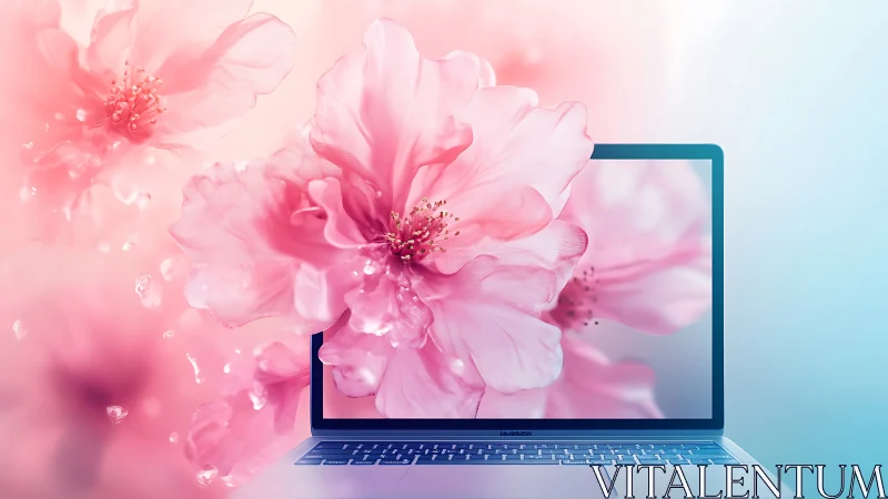 Digital laptop frame with blooming pink floral explosion.